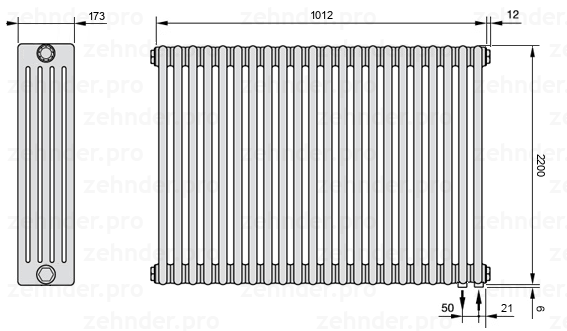 Схема (чертеж) Радиатор Zehnder Charleston 5220/22 №5510 Белый глянцевый RAL 9016
